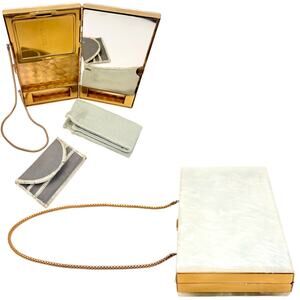 Vintage Wilardy Mother of Pearl and Gold Minaudiere Carryall Purse - 1960s - EUC